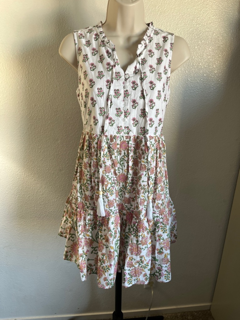 Japna White Pink & Green Floral Print Cotton Dress